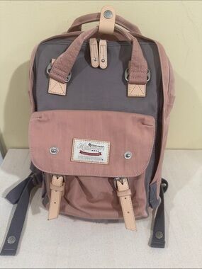 Two-Tone Pink and Gray Canvas Backpack with Leather Trim